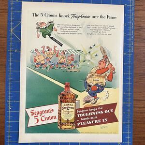 1942 SEAGRAM'S 5 Crown Whiskey Cartoon Baseball Players Vintage Print Ad